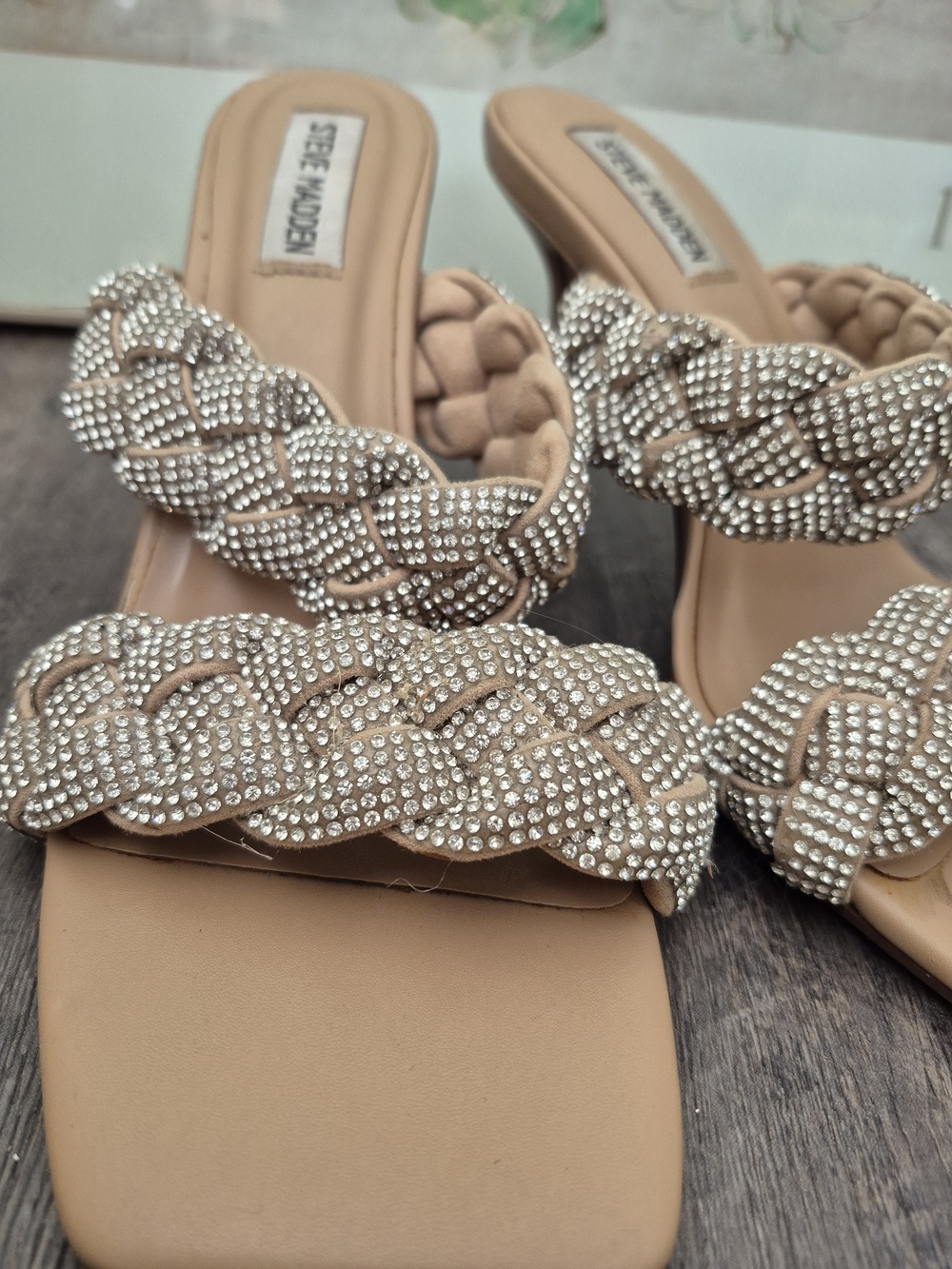 Steve Madden Beige Braided Crystal Strap Slide Heels - Picture 8 of 12